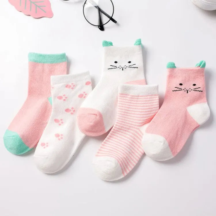 Set of five children's cotton socks in assorted solid colours and stripes, mid-tube length for toddlers 1-3 years