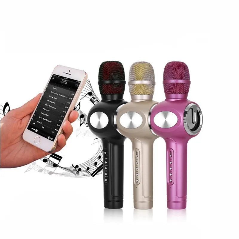 Yaerjia E108 handheld karaoke microphone in black, gold, or pink colour with built-in speakers.
