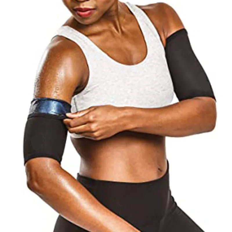 Sports arm sweatband shown in blue, silver, black and yellow, and black and red colour options for S to 5XL sizes.