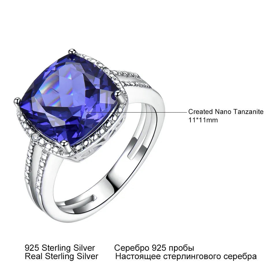 Women's sterling silver ring with blue tanzanite stone in sizes 6 to 10