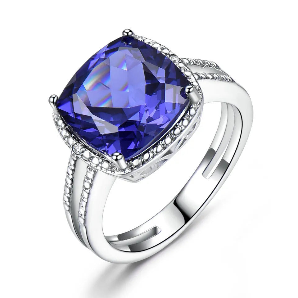 Women's sterling silver ring with blue tanzanite stone in sizes 6 to 10