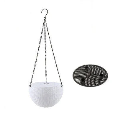 Plastic hanging basket planter with chain in one of seven colours, showing inner pot.