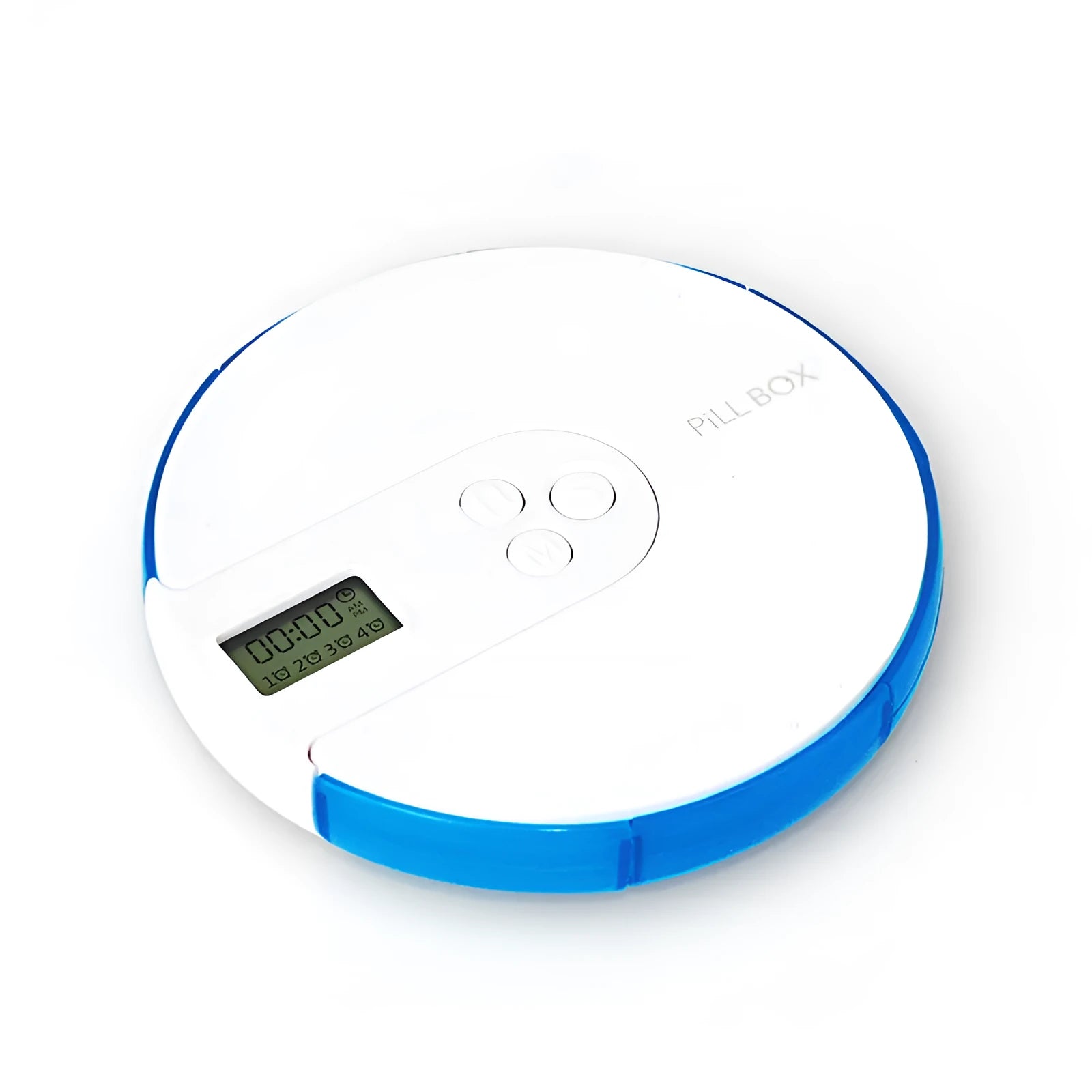 Blue 7-compartment electronic alarm clock pill dispenser showing timer display and separate lids.