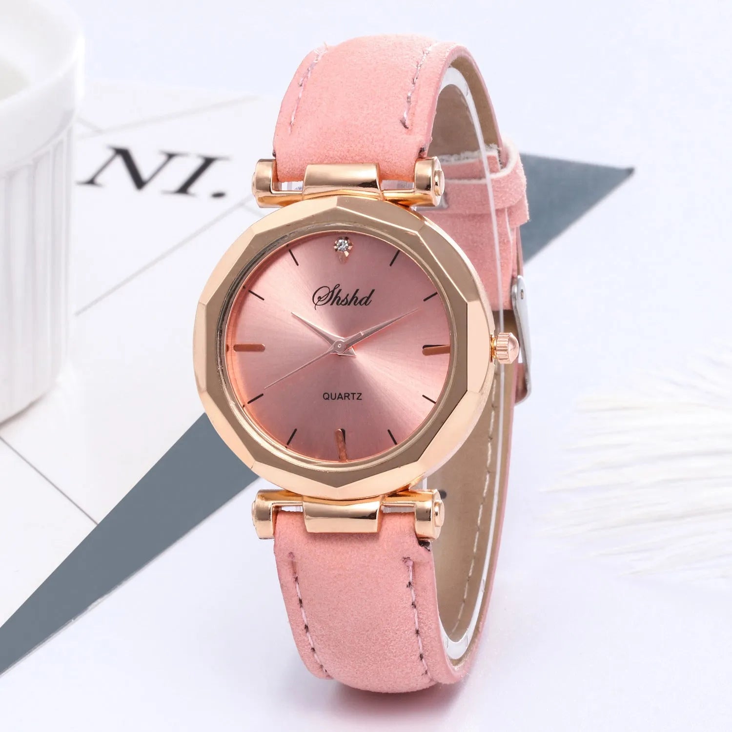 New ladies casual watch with round plastic case, PU strap, and pointer display in multiple colours