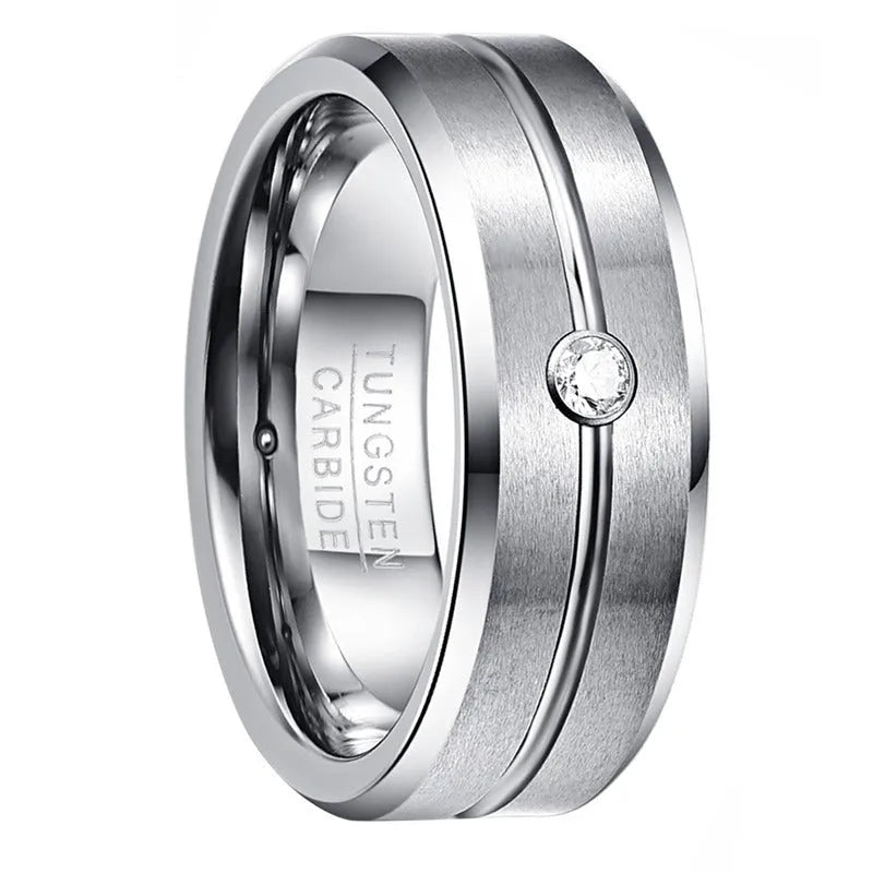 Men's tungsten steel ring with inlaid groove zircon, steel colour finish, U-shaped band on grey background