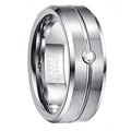 Men's tungsten steel ring with inlaid groove zircon, steel colour finish, U-shaped band on grey background