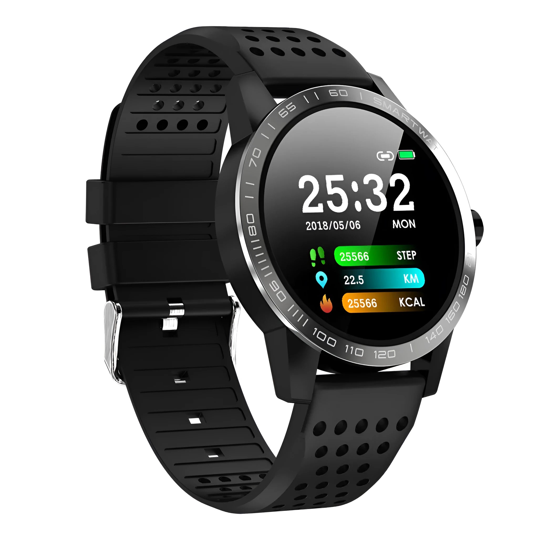 Black smart bracelet with colour screen displaying heart rate and step count data