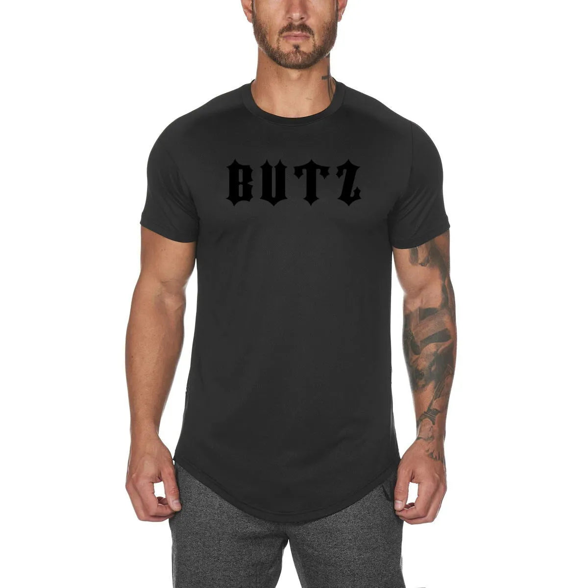 Men's plain gym shirt in cotton spandex blend shown in army green, black, and white colour options.
