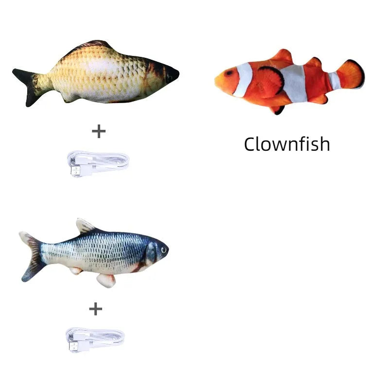 Multicolor USB rechargeable electric jumping fish cat toy measuring 30cm long