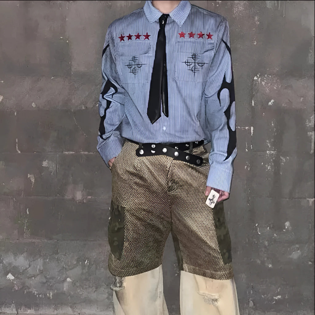 Men's washed-out blue striped casual shirt with lapel collar and long sleeves