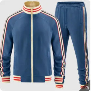 Khaki coloured polyester turtleneck zip cardigan and matching trousers suit laid flat.
