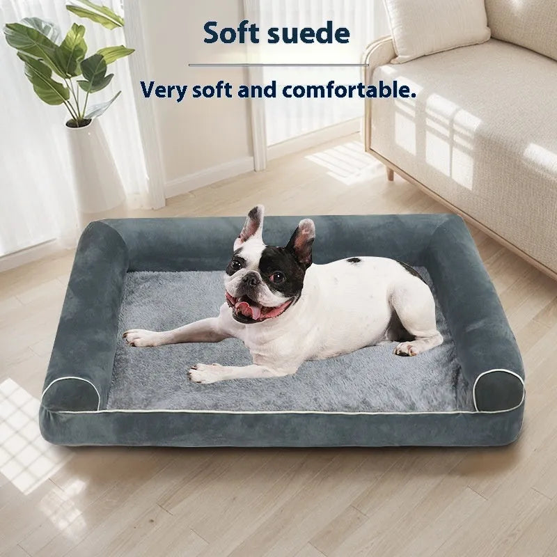 Square-shaped dog bed with sponge filling and breathable cloth cover, shown in blue colour.