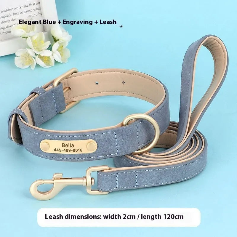 Double-layer leather dog collar and lead set in rose red, brown, or blue for small to extra-large dogs