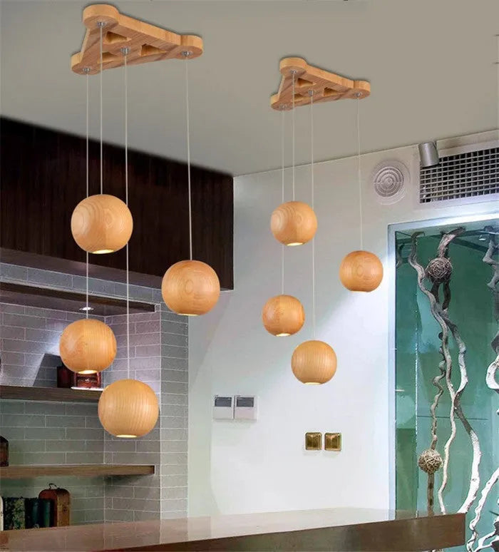 Nordic style solid wood ball chandelier with adjustable height ceiling installation