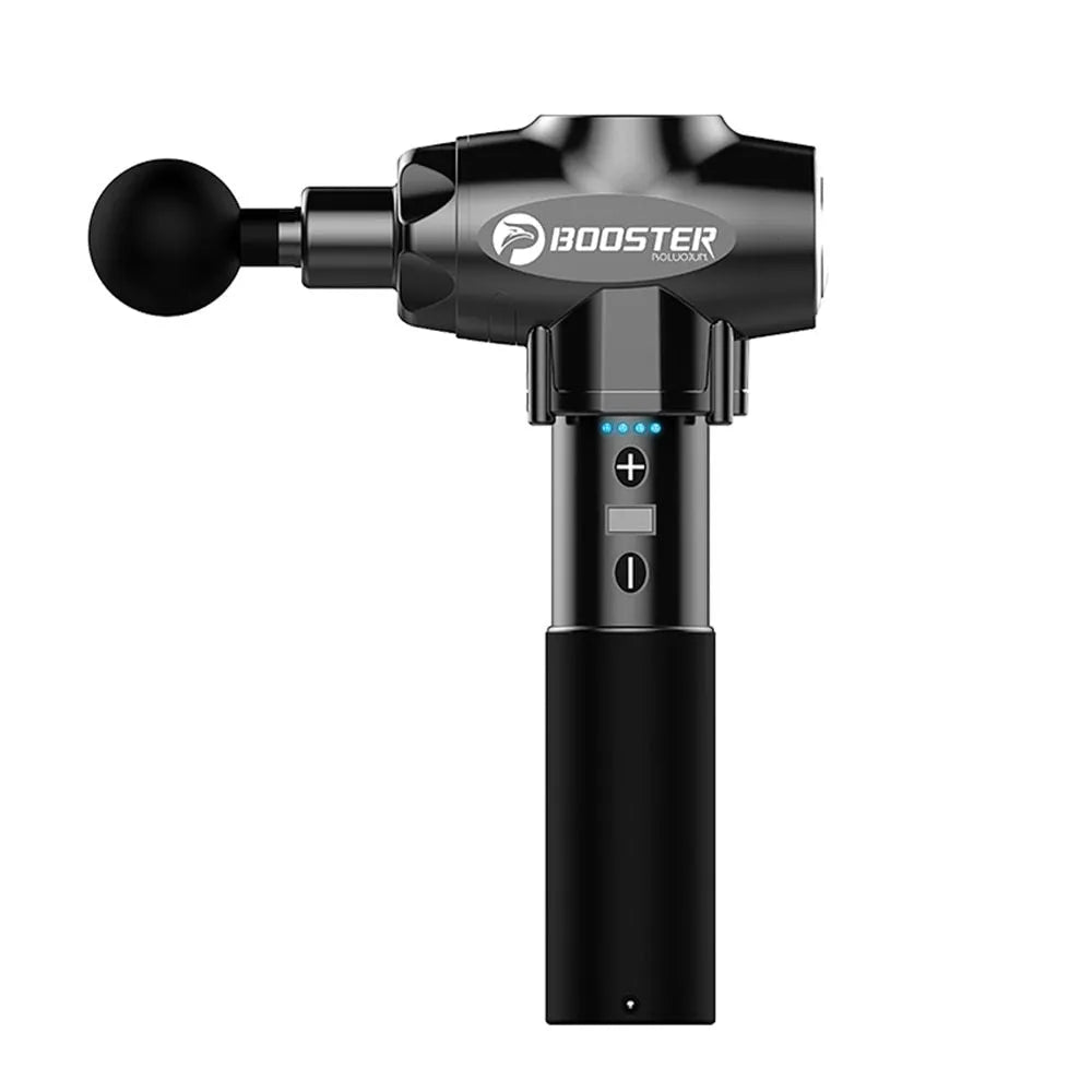 Black and white portable massage gun with adjustable speed control for muscle therapy