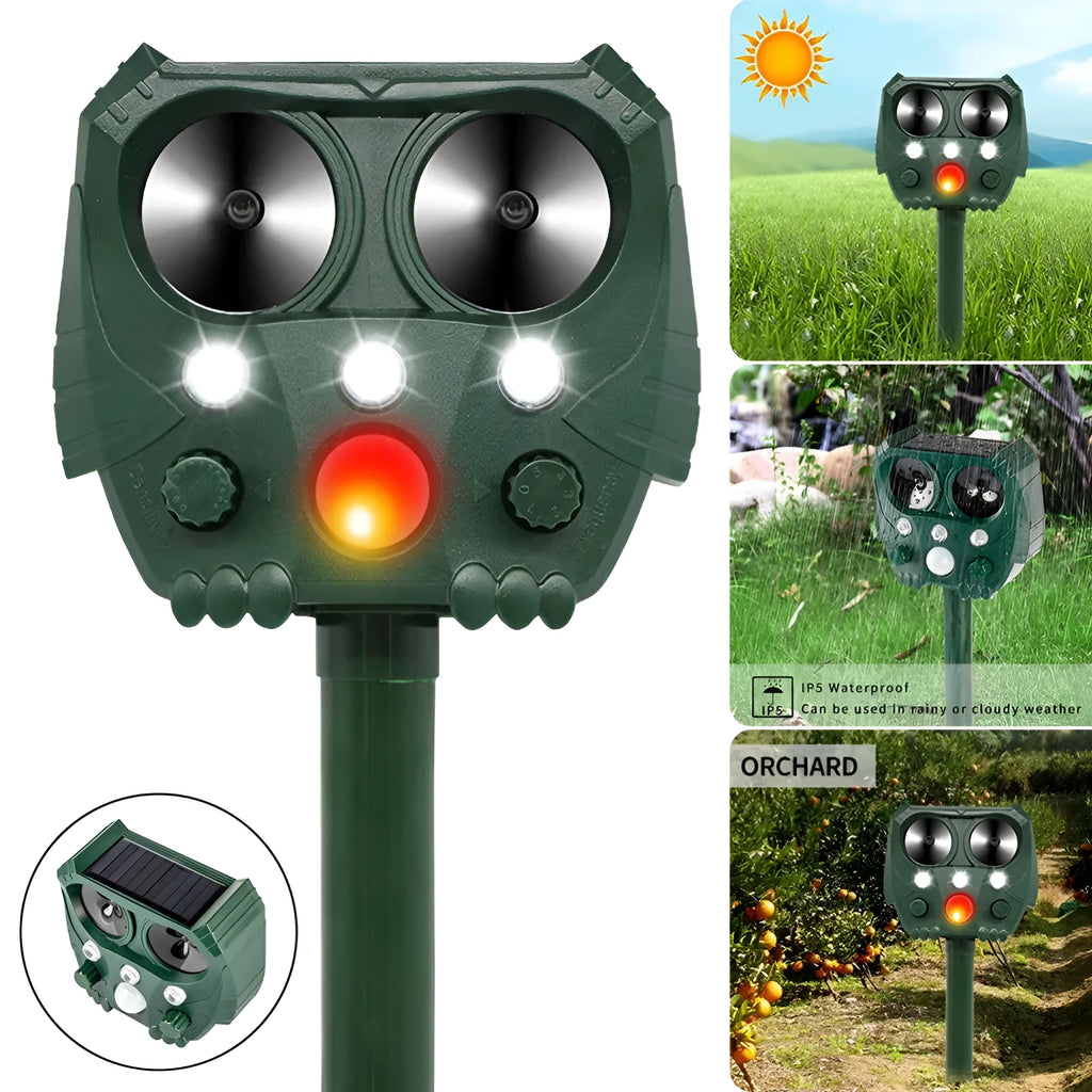 Green solar ultrasonic animal repellent with solar panel showing 12x13x5cm dimensions