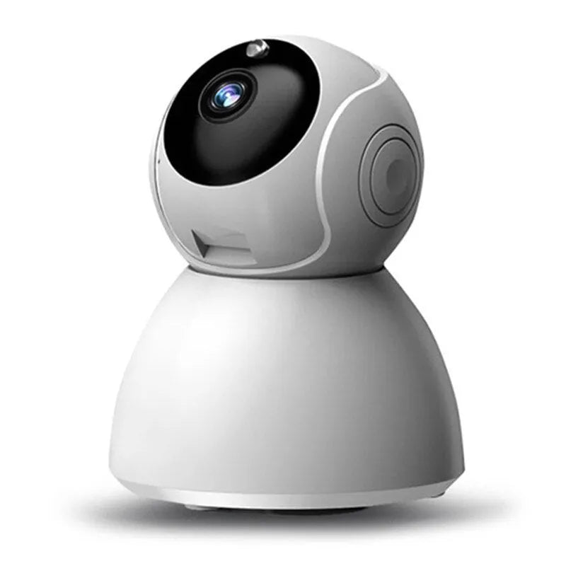 White wireless indoor security camera with 1080P HD resolution and hemispherical design on white background