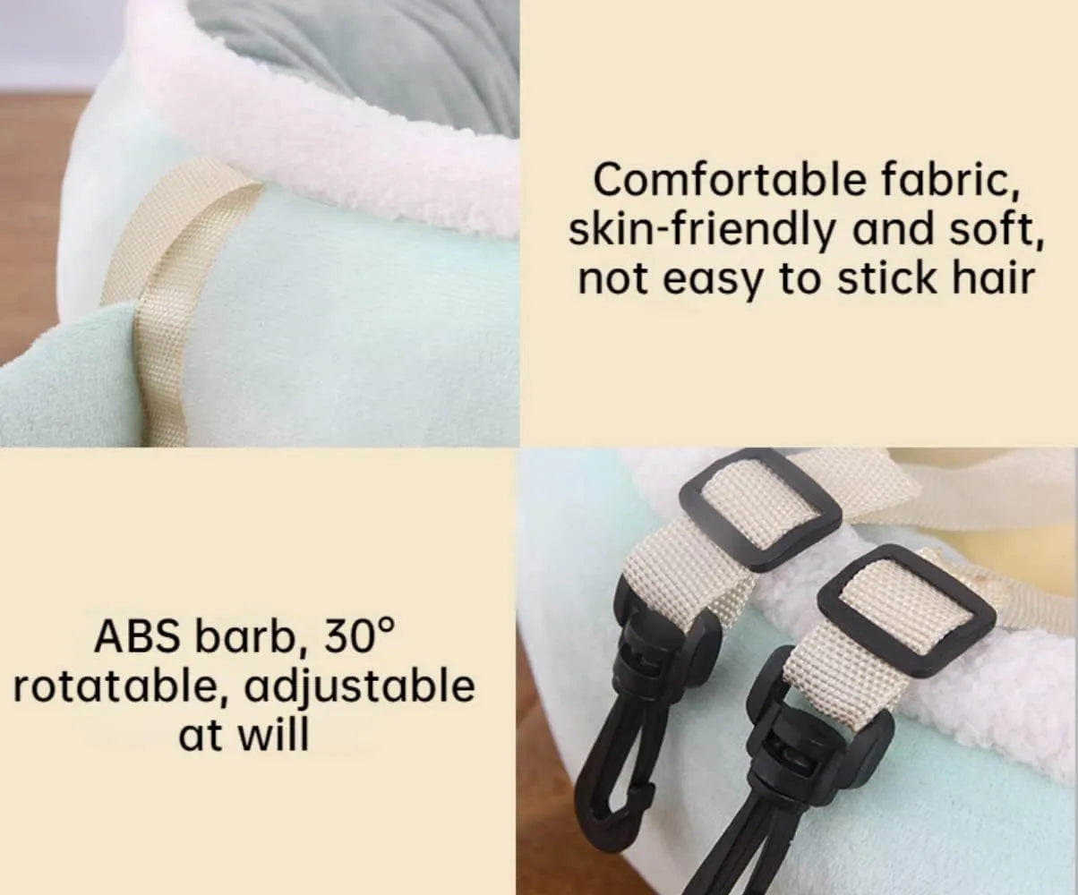 Green chick dinosaur shaped cat bed with straps that can be used flat or hung as a hammock