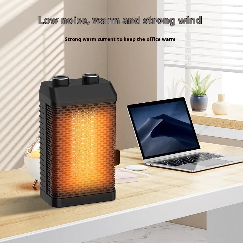 Black desktop smart heater with remote control showing dimensions 14.5x10x26cm