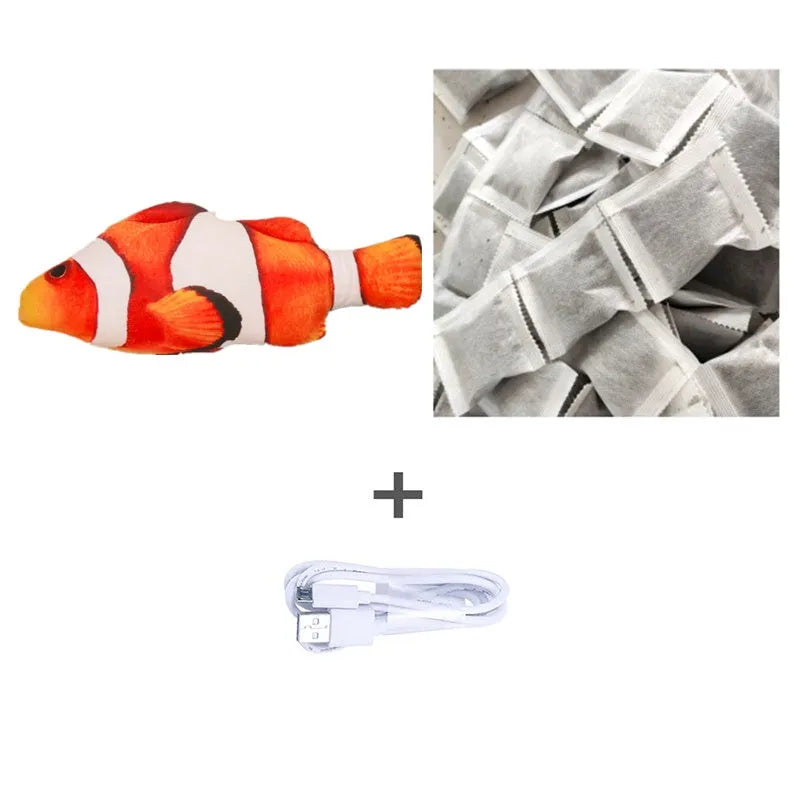 Multicolor USB rechargeable electric jumping fish cat toy measuring 30cm long