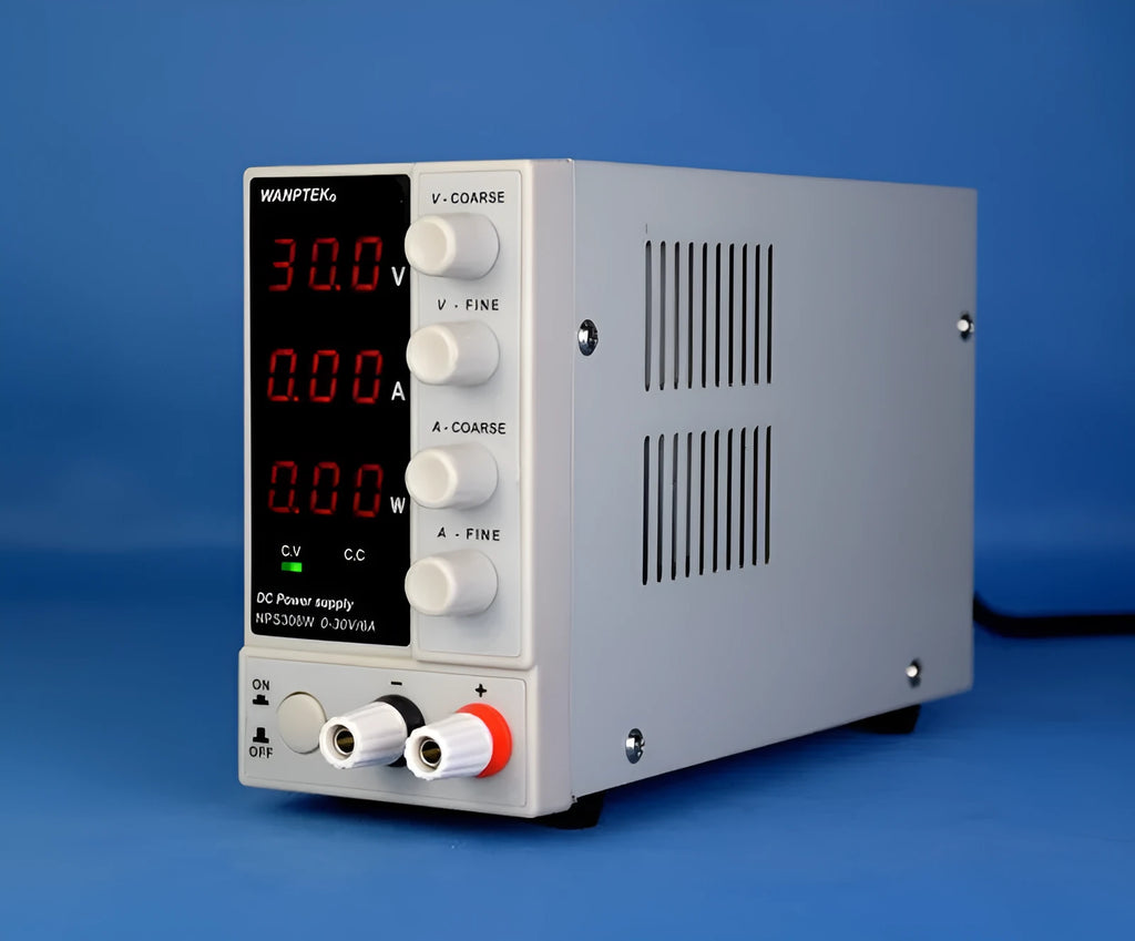 White adjustable DC power supply unit for mobile phone and notebook repair with voltage and current controls