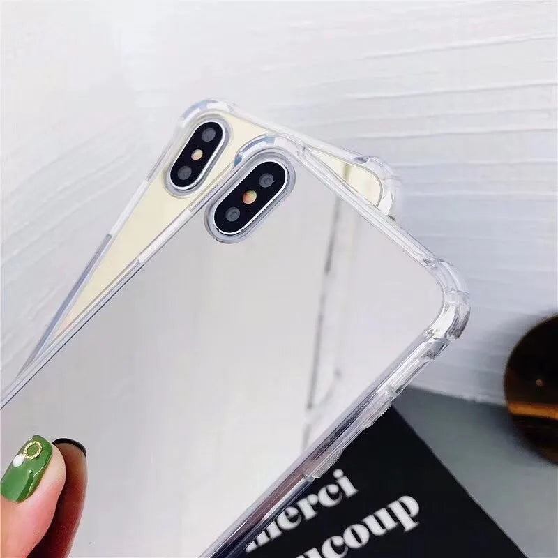 Reflective mirror phone case in soft TPU material available in multiple colours for various iPhone models showing back and side view