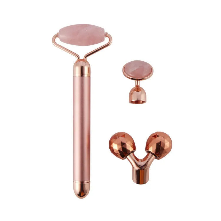 3-in-1 vibrating facial jade roller set with rose quartz heads in rose gold colour