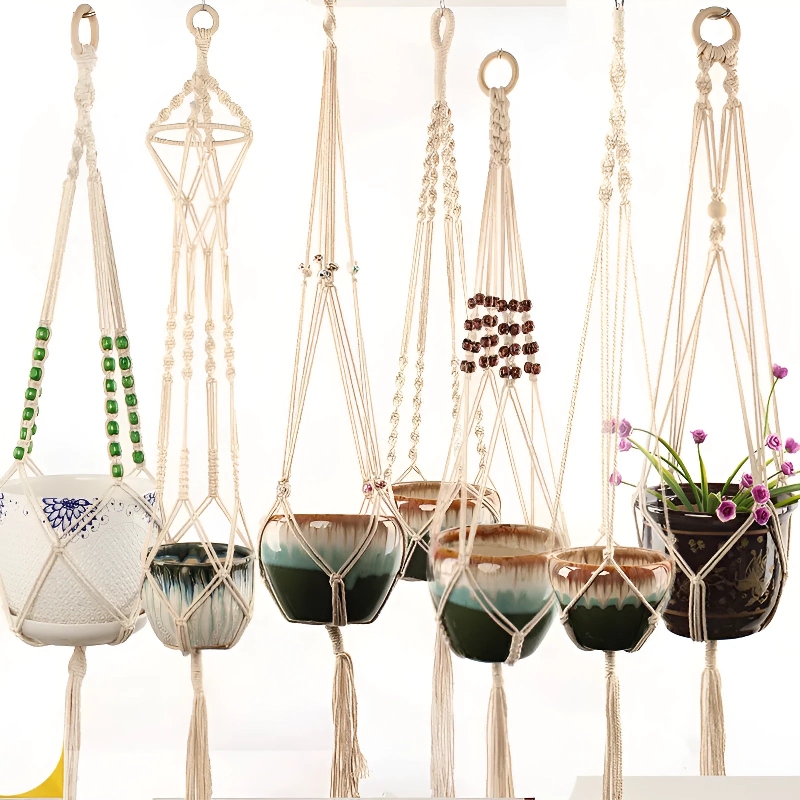 Woven wire cotton rope macramé plant hanger in a European village style, shown as a desktop, wall-mounted, and hanging basin.
