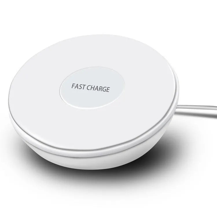 White 10W wireless charging pad with digital clock display and three control buttons.