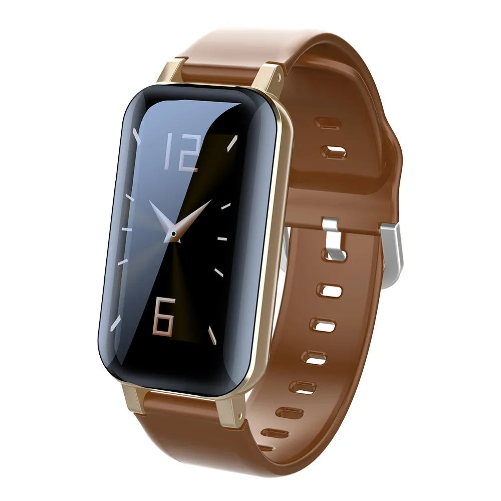 Smart bracelet for phone calls with heart rate monitor in black, blue, and coffee colour options