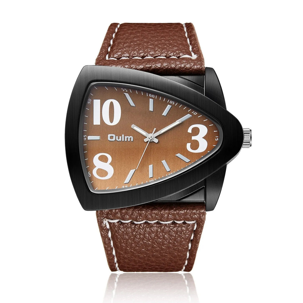 Men's casual watch with a distinctive triangular belt strap and a slim 9mm case, shown in brown colour.