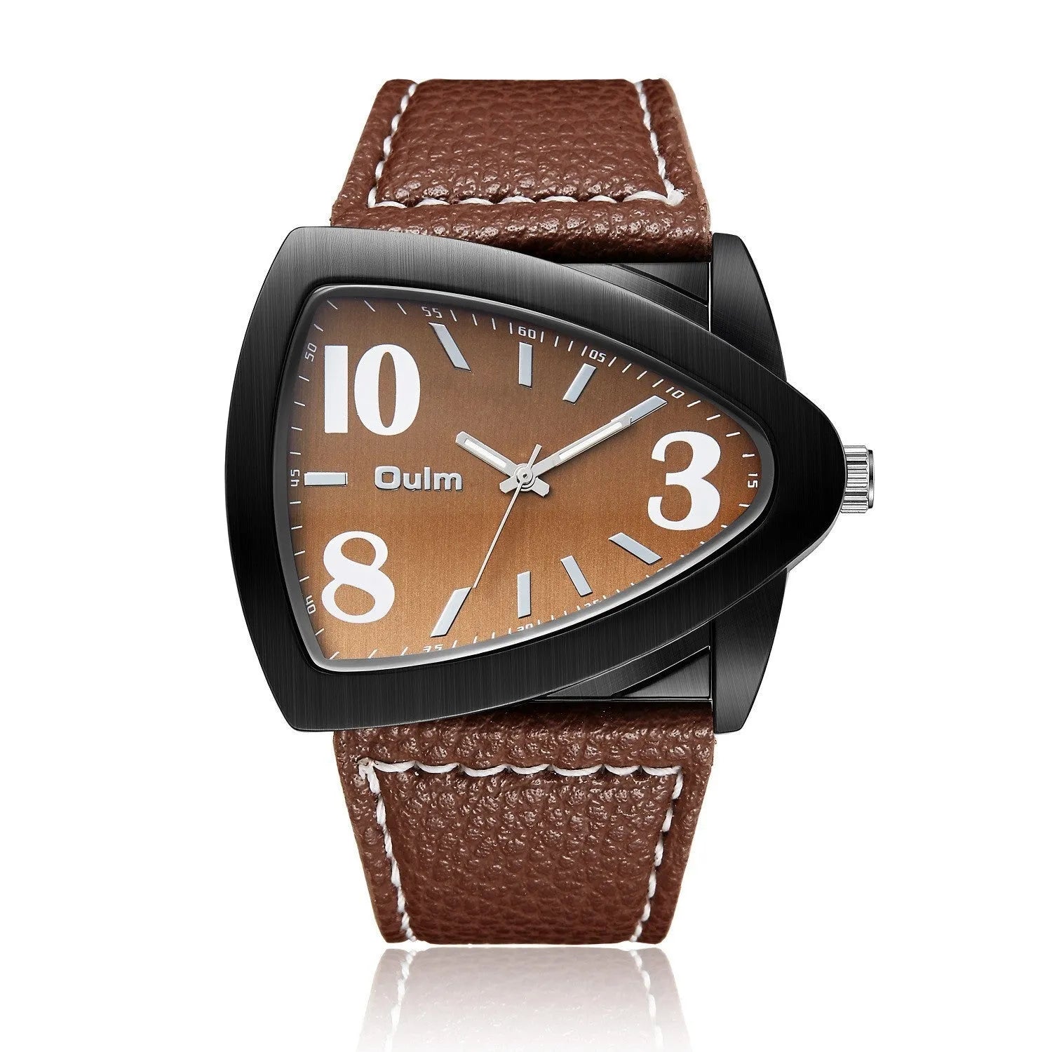 Men's casual watch with a distinctive triangular belt strap and a slim 9mm case, shown in brown colour.