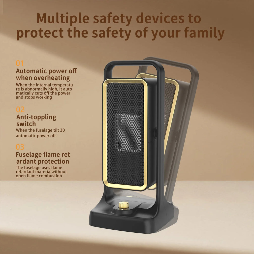 Black PTC ceramic desktop heater showing control knob and compact dimensions