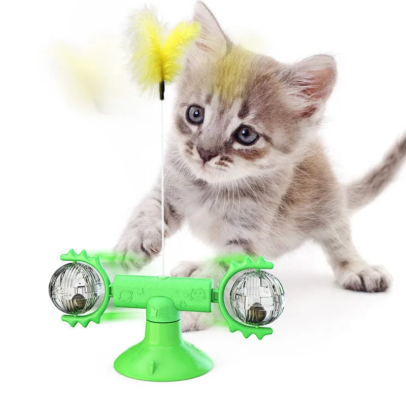 Cat rotating windmill toy with suction base and two transparent bins on blades