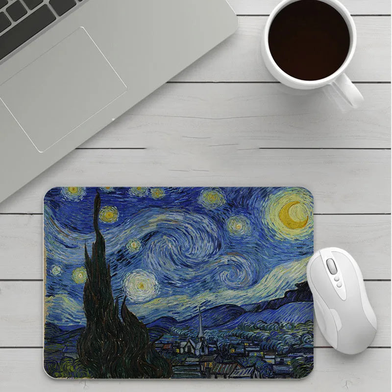 Custom cartoon mouse pad with thickening, showing example artwork on non-slip rubber and cloth base.