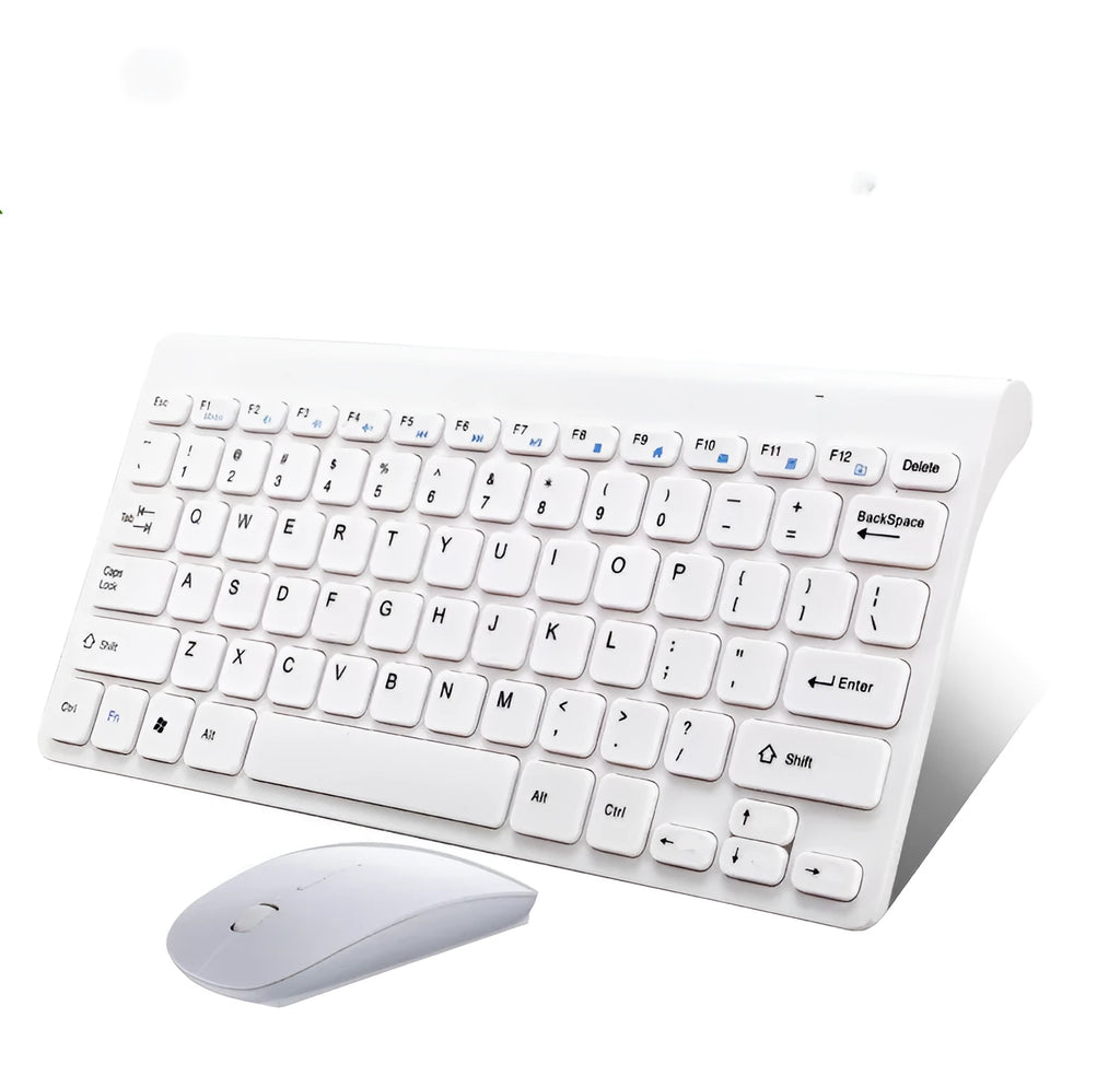Black and white wireless keyboard and mouse set with 78 keys and 4 buttons