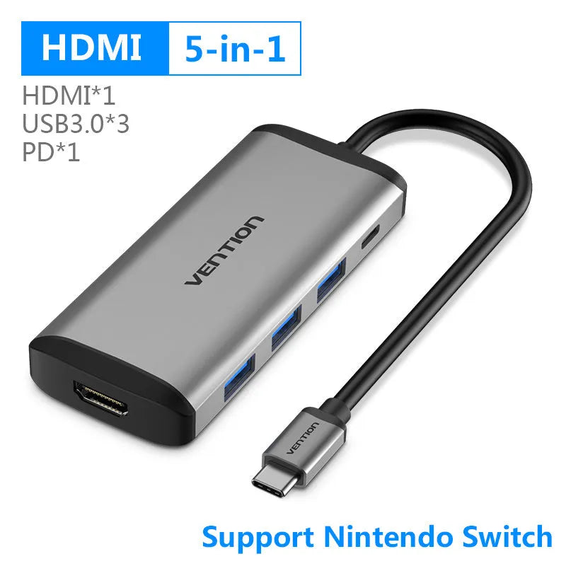 Deep grey USB-C to HDMI, USB 3.0, Ethernet, and card reader multi-port adapter hub