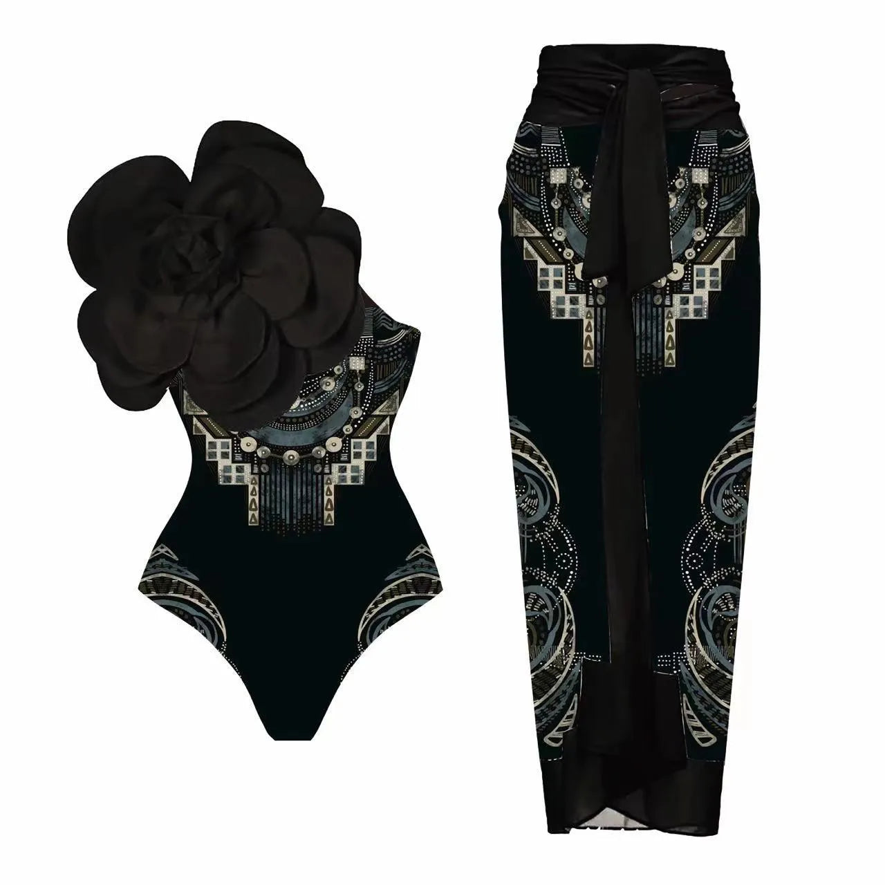 Women's floral print one-piece swimsuit with wrap skirt in polyester fabric