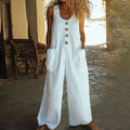 Sleeveless wide-leg cotton jumpsuit in art retro style shown in a selected colour