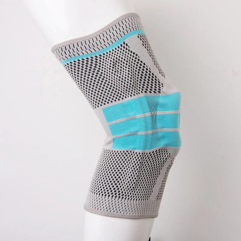 Sky blue silicone running and basketball knee pads made from elastic fibre.