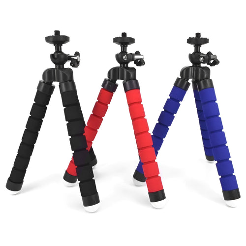 Black flexible octopus tripod with bent legs wrapped around a pole, showing smartphone mount with 1/4-20 screw.