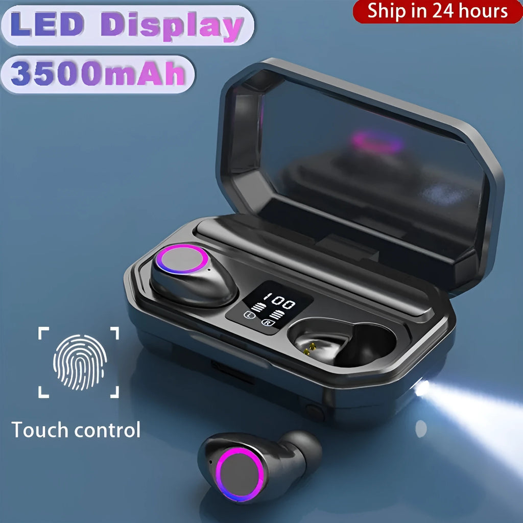 Black and white wireless Bluetooth earplug headset showing an LED digital power display on its charging case.