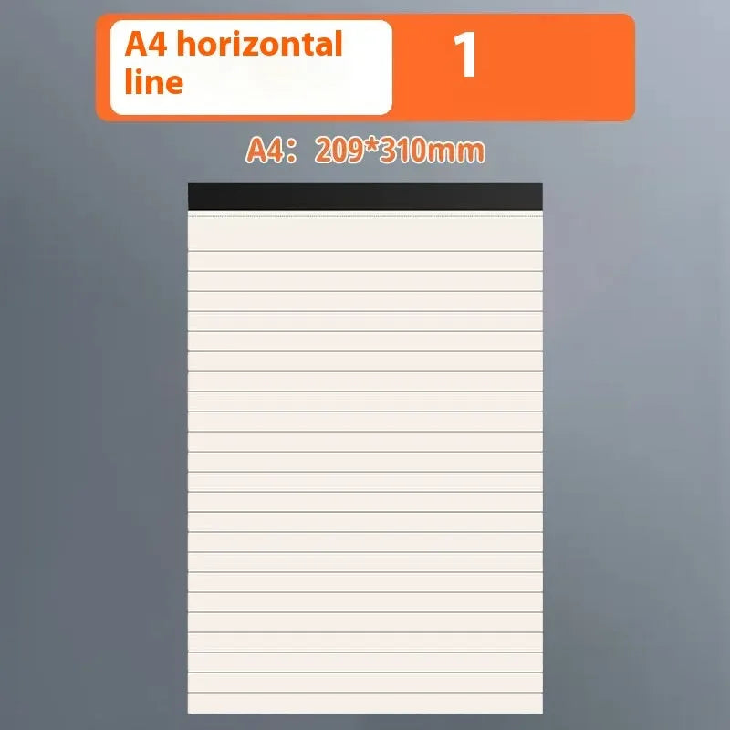 Set of A5, B5 and A4 writing pads with blank, grid and lined paper options showing tearable pages