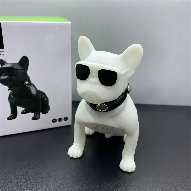 Mini bulldog-shaped Bluetooth speaker in black, red, and white colour options.