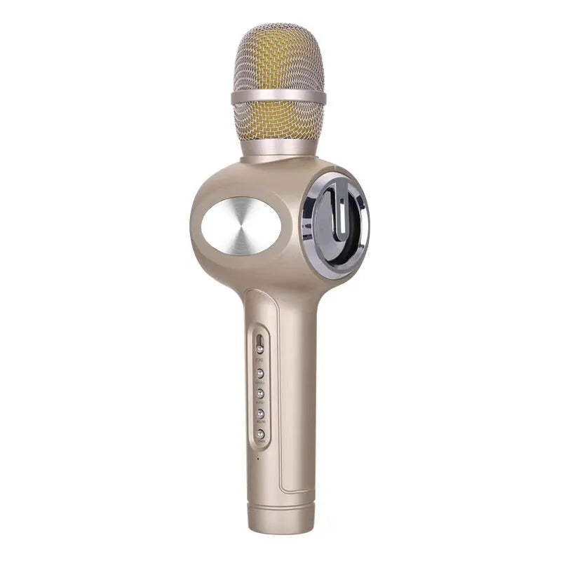 Yaerjia E108 handheld karaoke microphone in black, gold, or pink colour with built-in speakers.