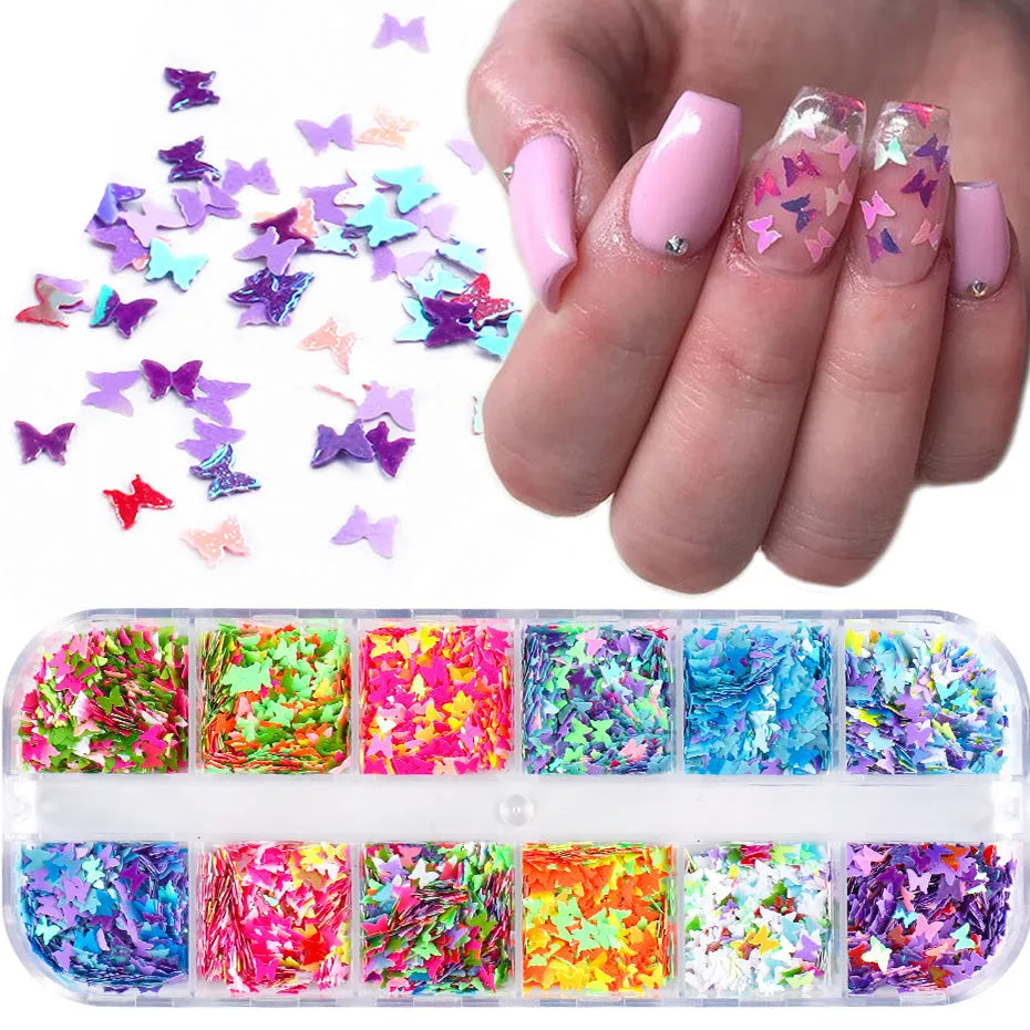 Butterfly sequin nail decoration in 12-colour glitter mix in a case for nail art