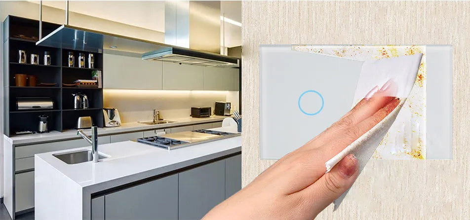 Modern 2-gang touch light switch with tempered glass panel in black, white, or gold.