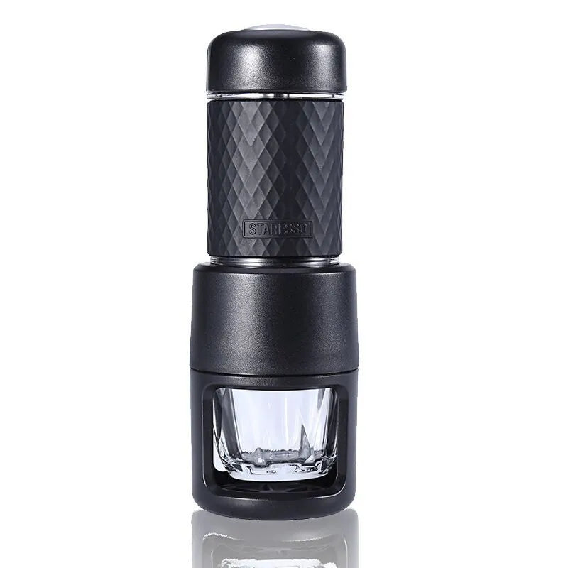 Portable manual espresso coffee machine in stainless steel, 7x7x20.3 cm, available in multiple colours