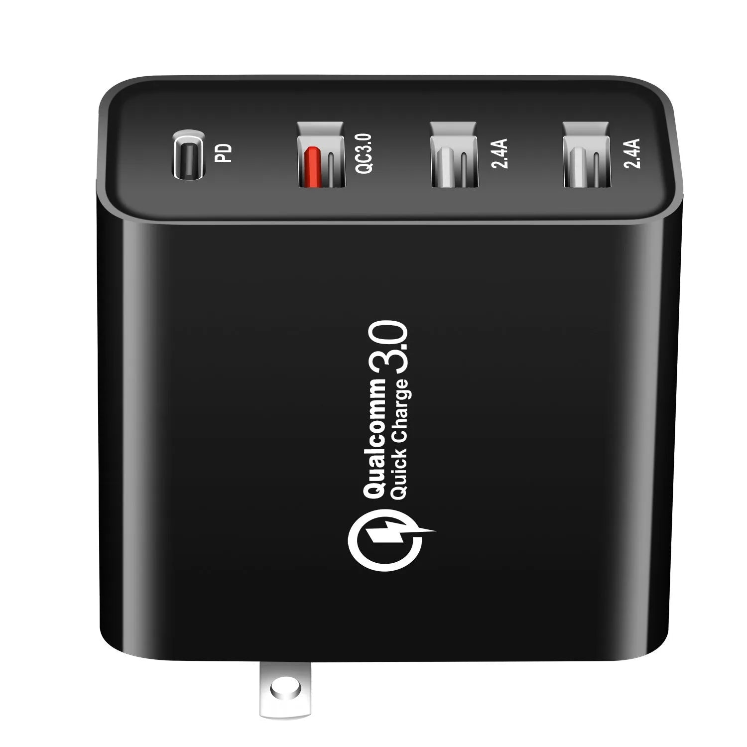 48W four-port USB-C wall charger in black or white with international plug types