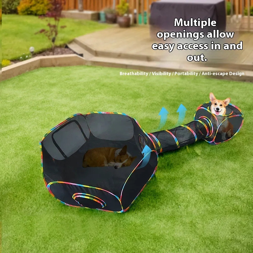 A foldable mesh cat play cage in a hexagonal style, showing open construction for pet visibility and interaction.